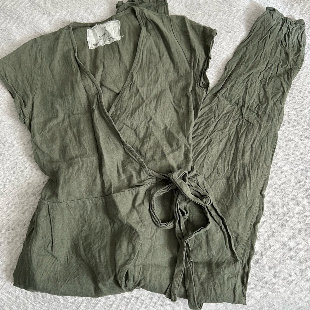 notPERFECTLINEN Green Linen Wrap Jumpsuit